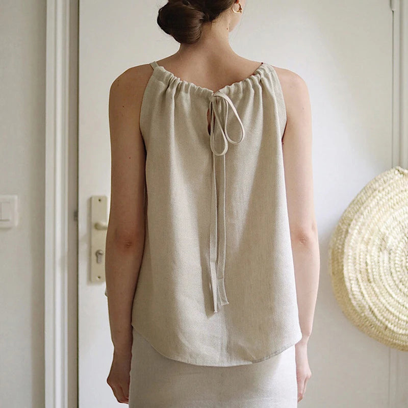 Women's Linen Sleeveless Tank Top with Gathered Neckline for Casual Summer Outfits