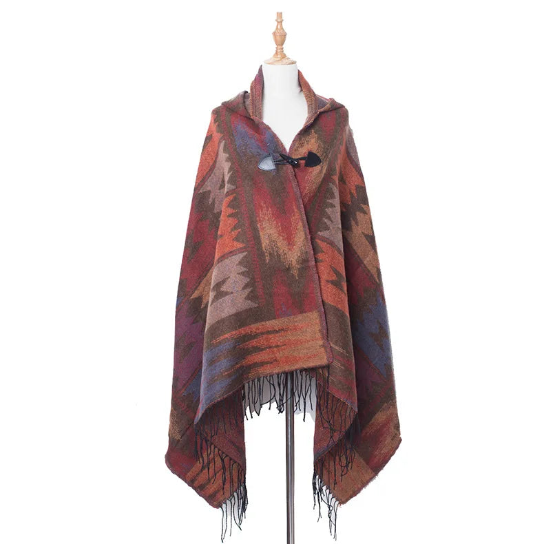 Hooded Geometric Fringe Poncho for Layering over Outfits