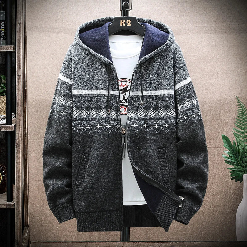 Men's Checked Hooded Zip Front Knit Cardigan
