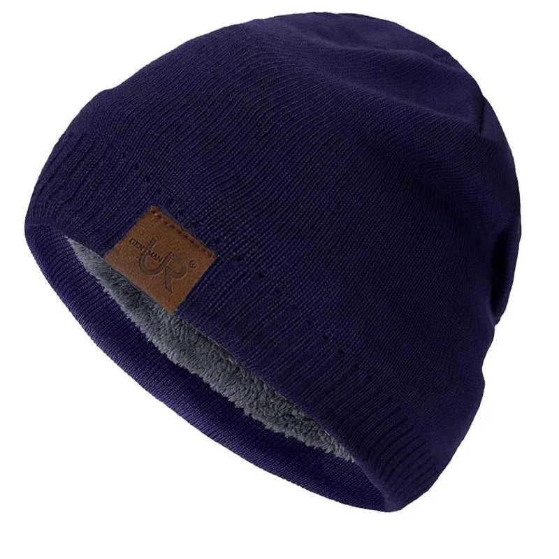 Solid Knit Beanie with Small Patch and Folded Edge
