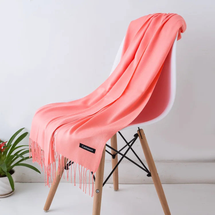 Solid Long Scarf with Decorative Fringed End Trim