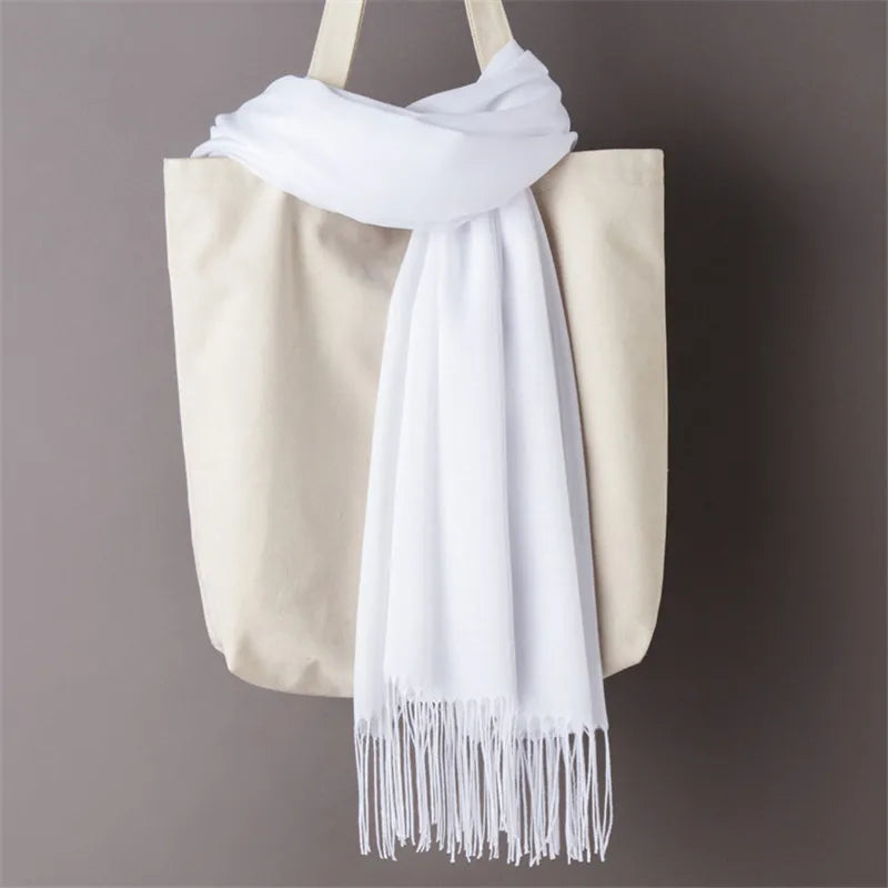 Solid Long Scarf with Decorative Fringed End Trim