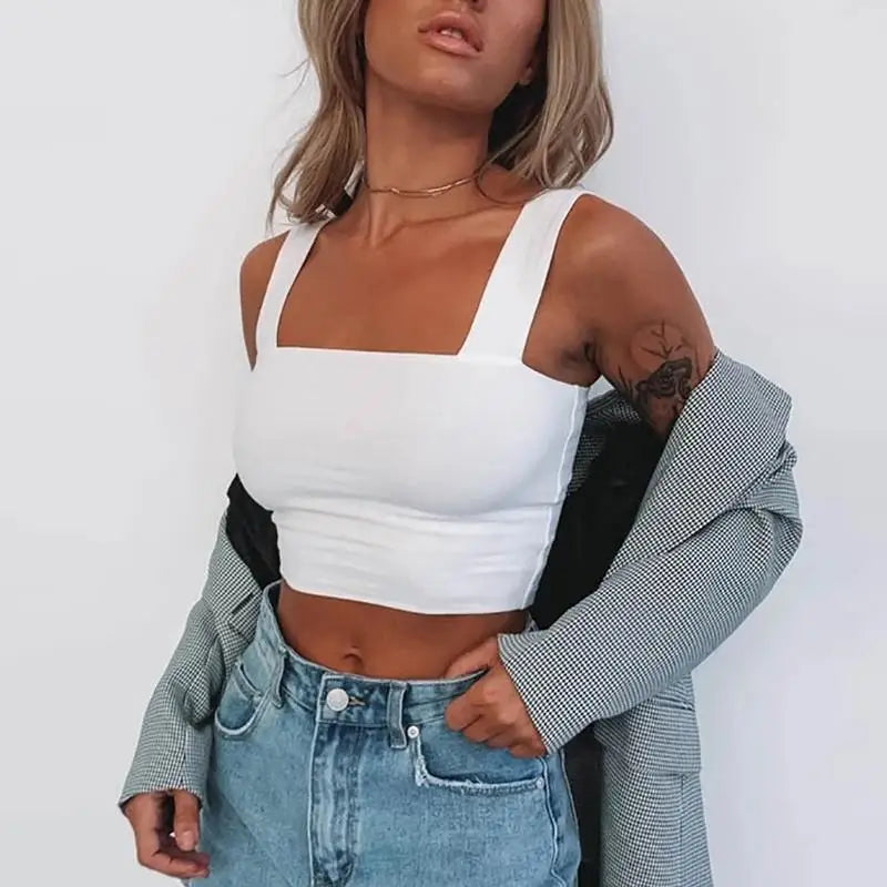 Women's Square Neck Polyester Blend Crop Tank Top with Wide Straps