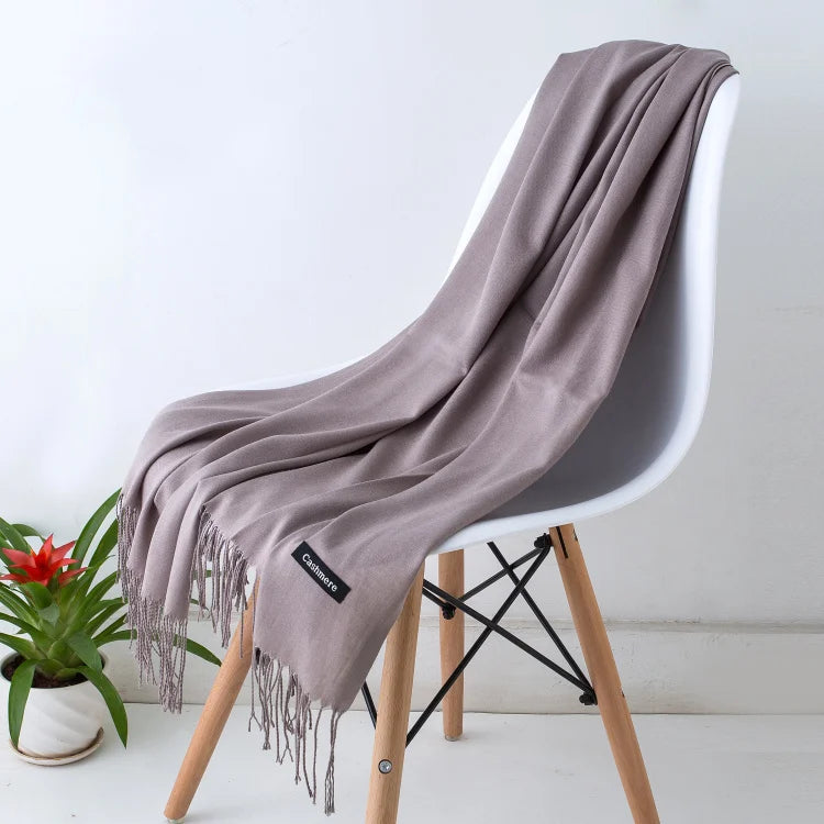 Solid Long Scarf with Decorative Fringed End Trim