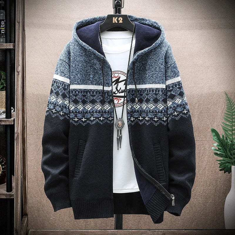 Men's Checked Hooded Zip Front Knit Cardigan
