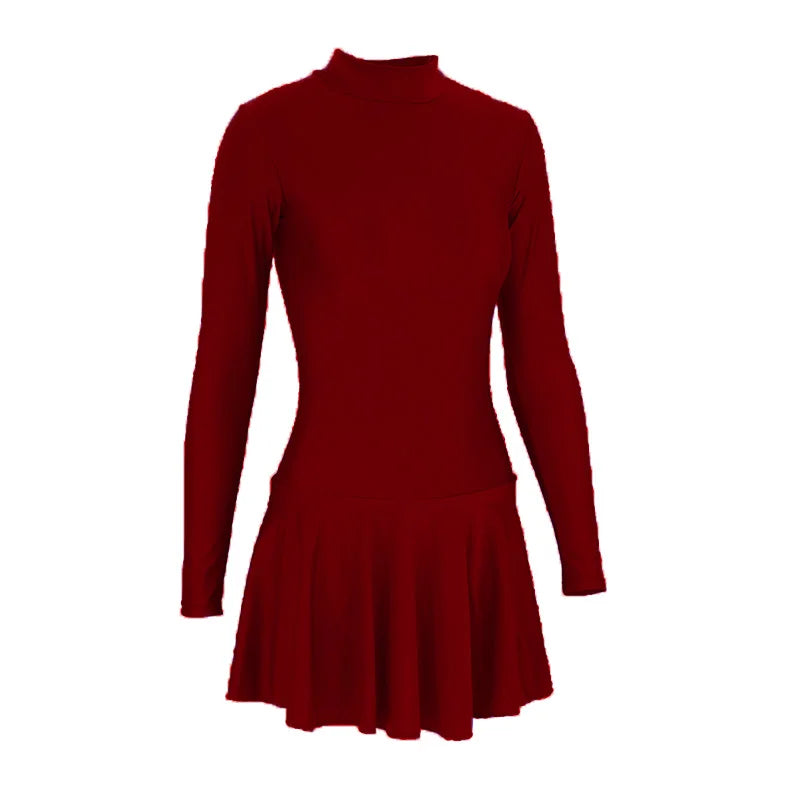 Women's Long Sleeve Skirted Ballet Leotard with Round Neck and Back Zipper