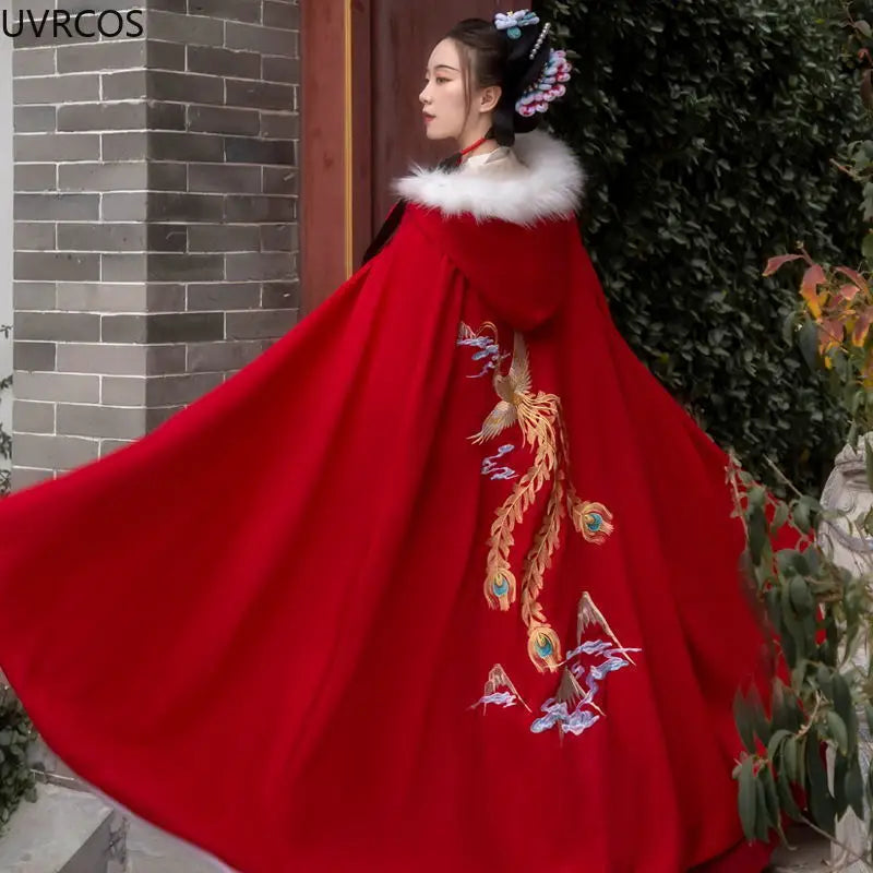 Embroidered Hooded Trim Cape for Layering over Outfits