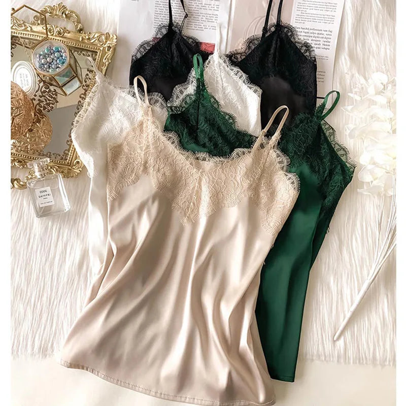 Women's Lace Trim Satin Polyester Camisole with Thin Straps and V Neck