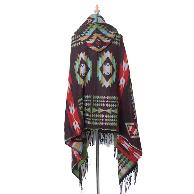 Hooded Geometric Fringe Poncho for Layering over Outfits