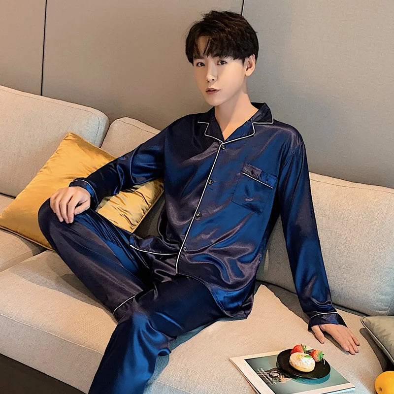 Men's Satin Look Button Front Shirt and Pants Pajama Set
