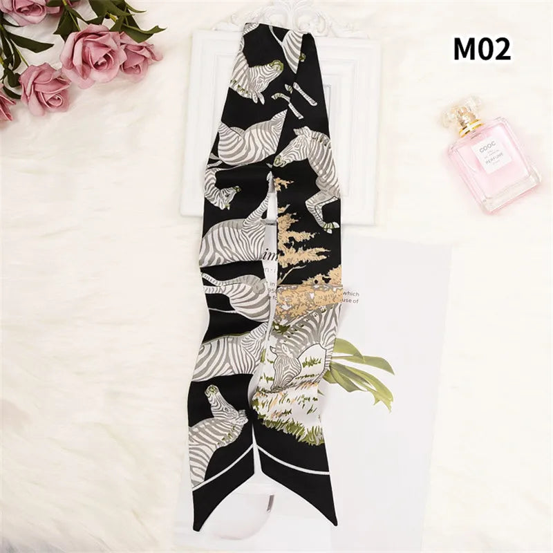 Horse Motif Skinny Ribbon Scarf with Printed Designs