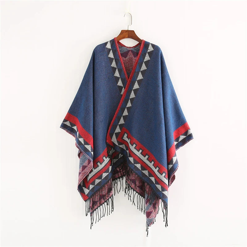 Geometric Pattern Fringed Poncho for Layering over Outfits