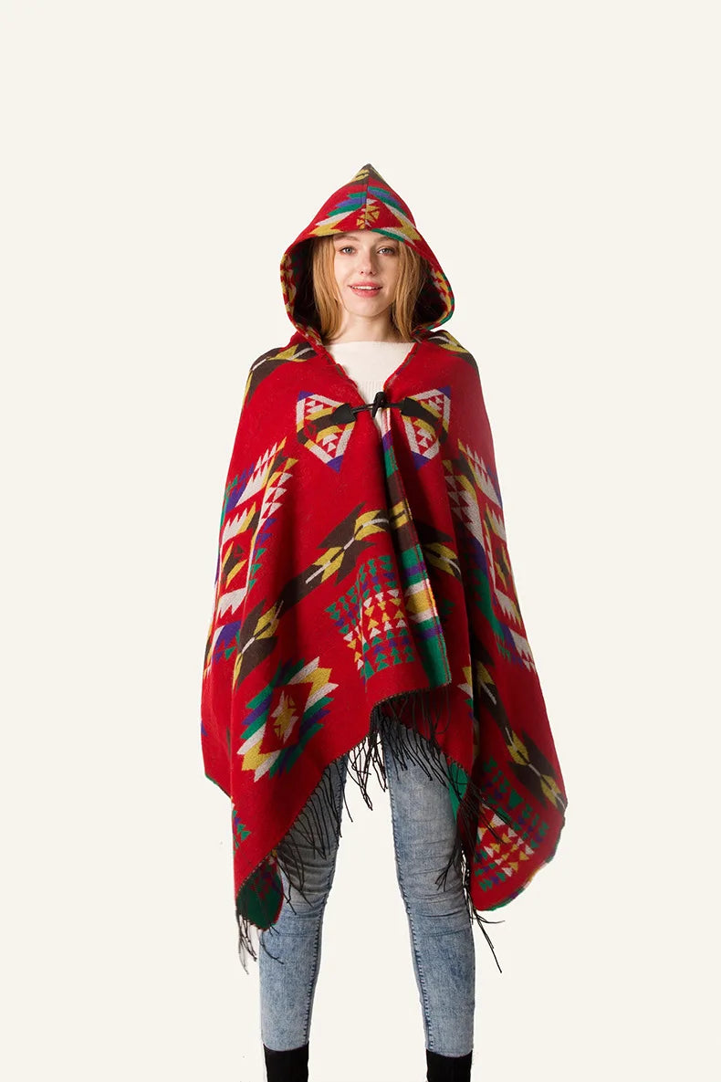 Hooded Geometric Fringe Poncho for Layering over Outfits