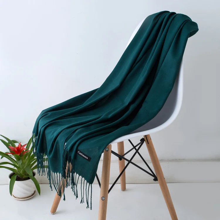 Solid Long Scarf with Decorative Fringed End Trim