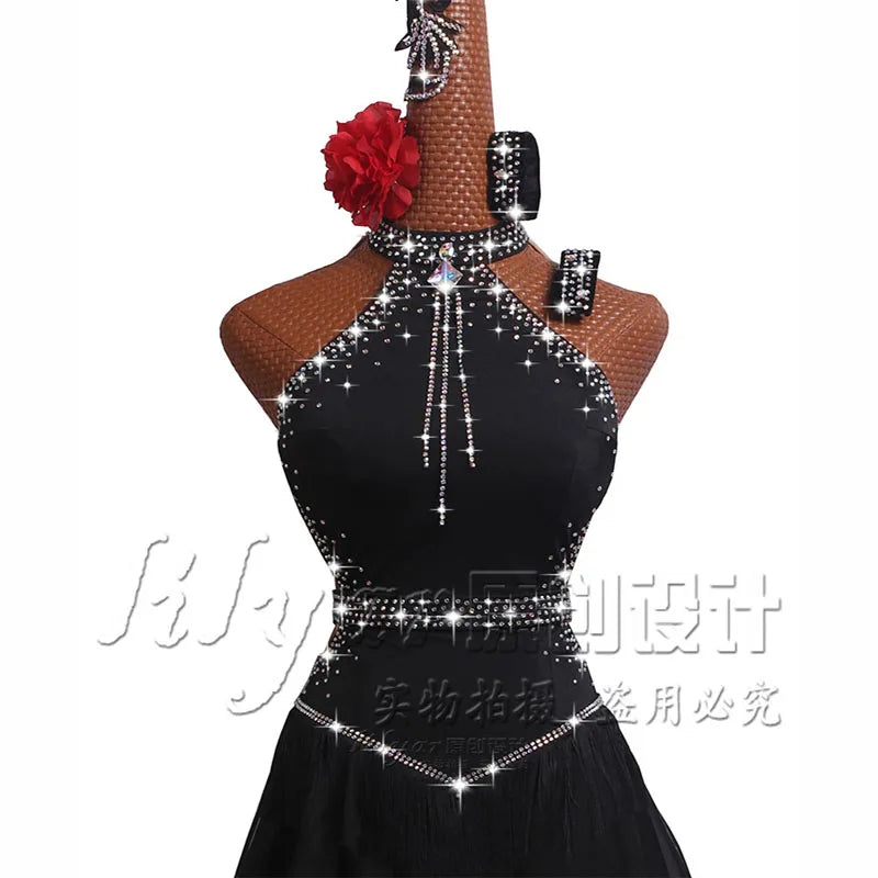High Collar Rhinestone Fringe Latin Dance Dress with Custom Size Options
