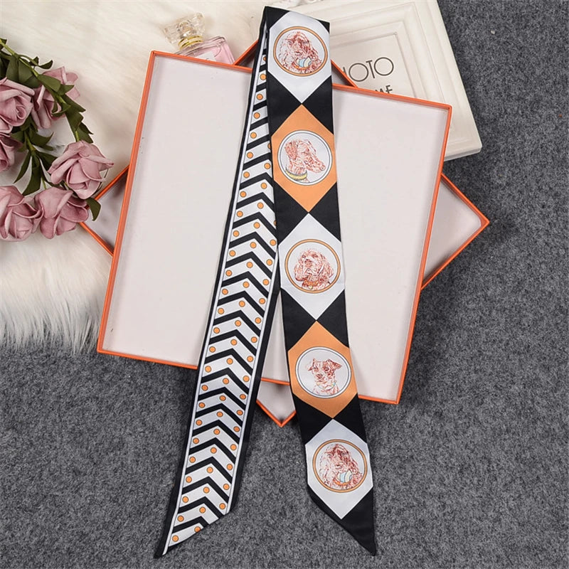 Horse Motif Skinny Ribbon Scarf with Printed Designs