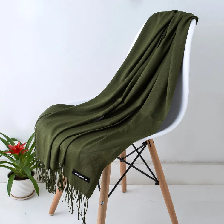 Solid Long Scarf with Decorative Fringed End Trim