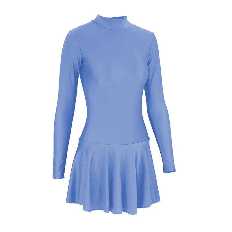 Women's Long Sleeve Skirted Ballet Leotard with Round Neck and Back Zipper