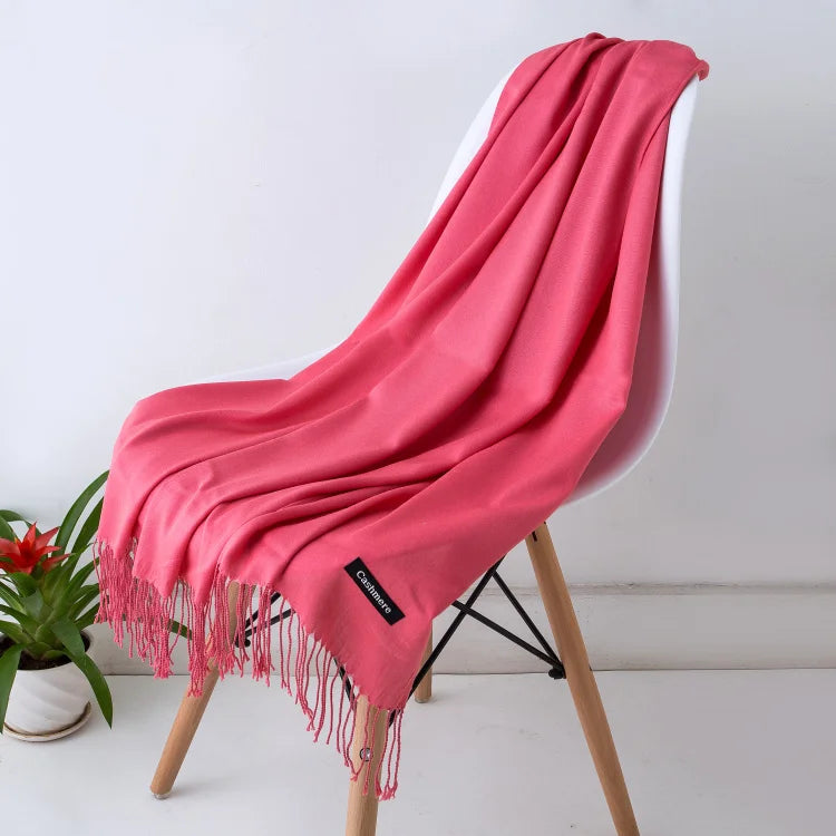 Solid Long Scarf with Decorative Fringed End Trim