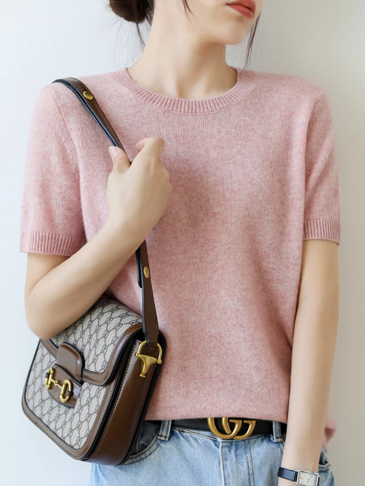 Women's Crew Neck Short Sleeve Sweater Casual Knit Layer