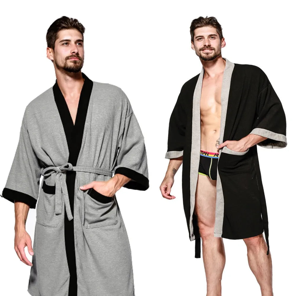 Waffle V Neck Contrast Trim Tie Waist Bathrobe with Pockets