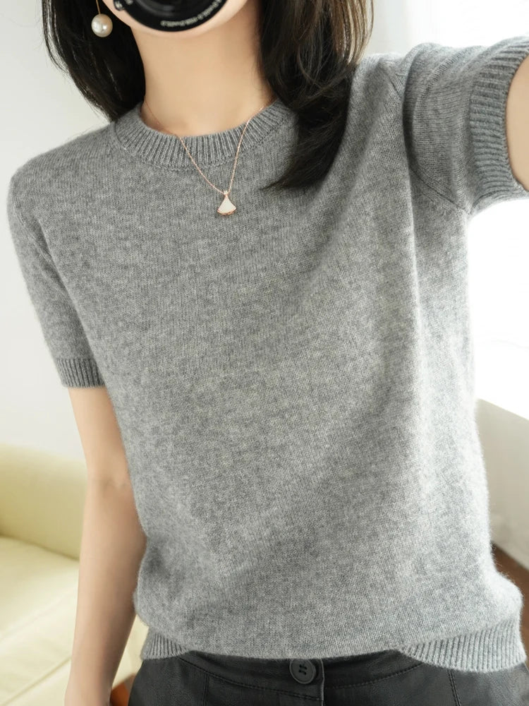 Women's Crew Neck Short Sleeve Sweater Casual Knit Layer