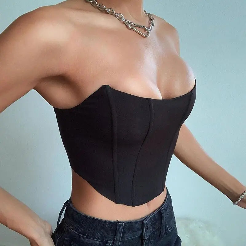 Women's Strapless Velvet Crop Top with Shaped Seams and a Pointed Hem