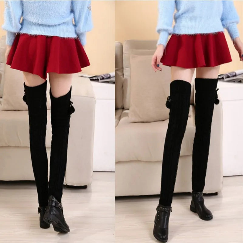 Cable Knit Leg Warmers with Decorative Pom Tie Details
