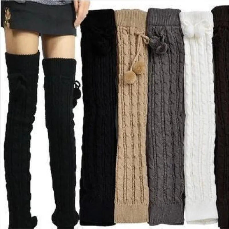 Cable Knit Leg Warmers with Decorative Pom Tie Details