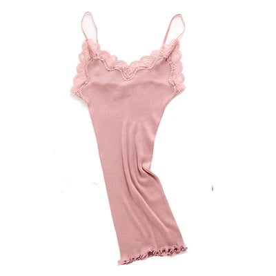 Women's Lace Trim Silk Cotton Blend Camisole with Adjustable Thin Straps