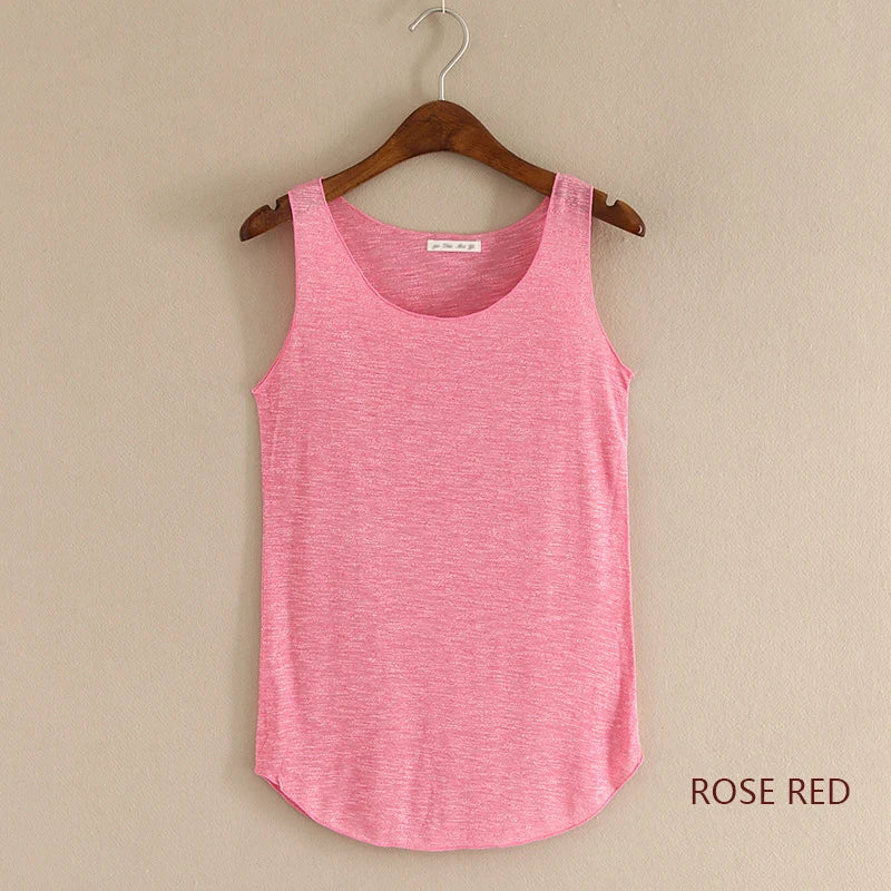 Women's Round Neck Cotton Blend Long Tank Top with Curved Hem