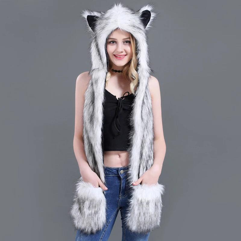 Women's Animal Hooded Plush Hat Scarf and Gloves Integrated Winter Set