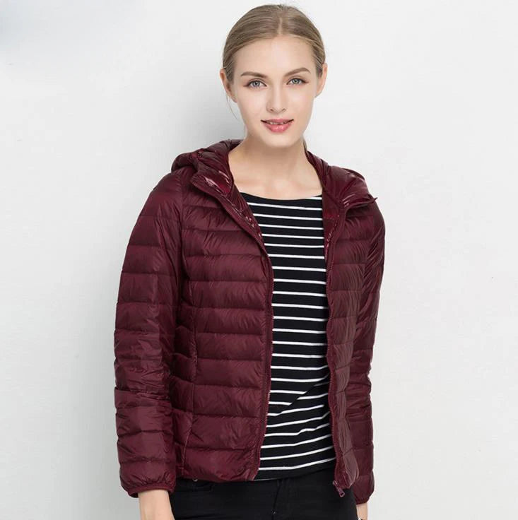 Women's Nylon Hooded Zip-Front Duck-Down Puffer Jacket for Casual Winter Layered Outfits