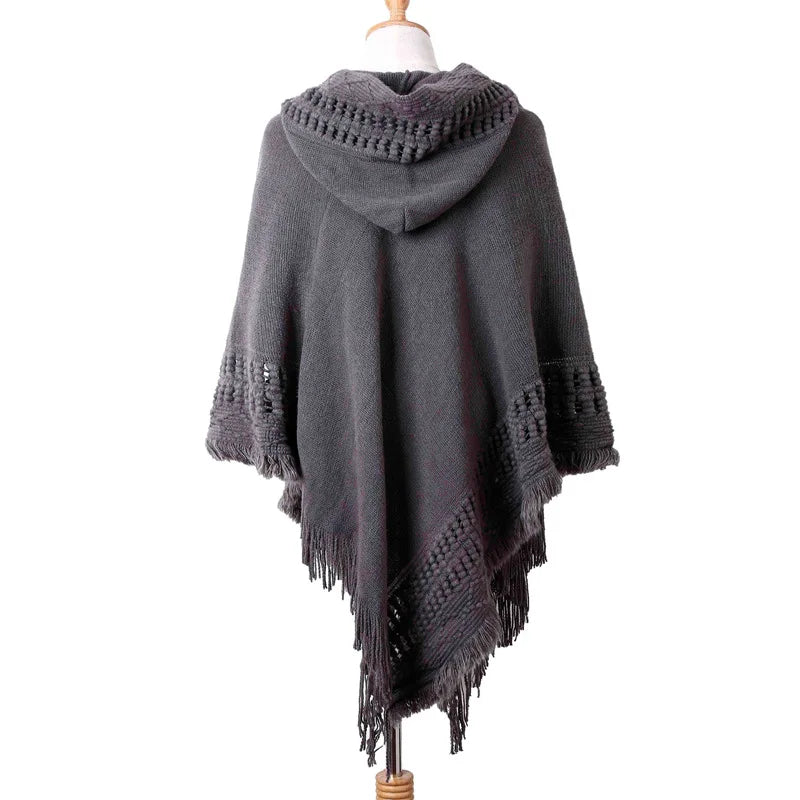 Hooded Knit Fringe Poncho for Layering over Outfits