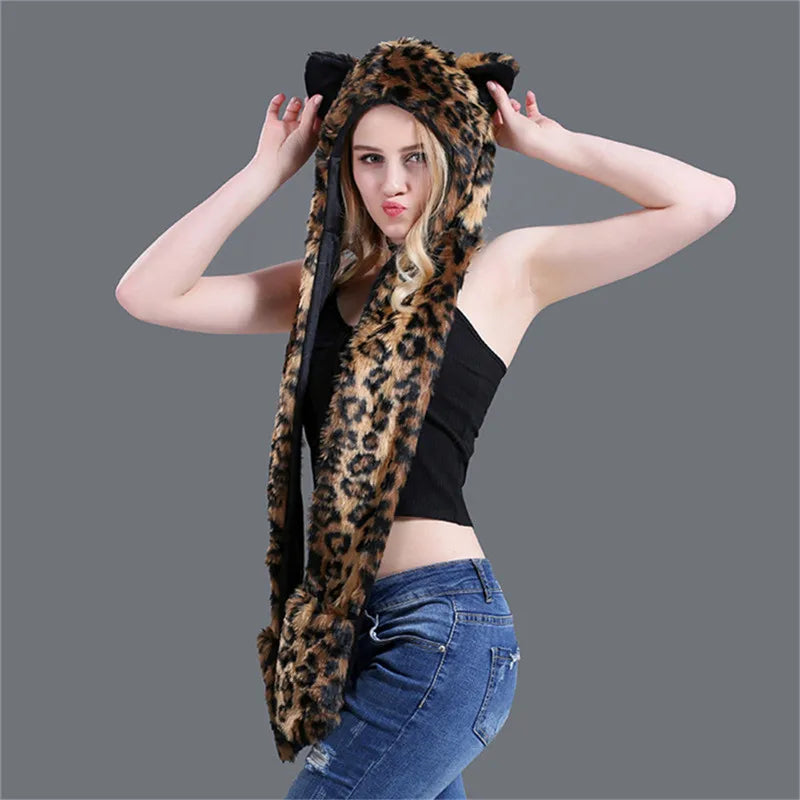Women's Animal Hooded Plush Hat Scarf and Gloves Integrated Winter Set