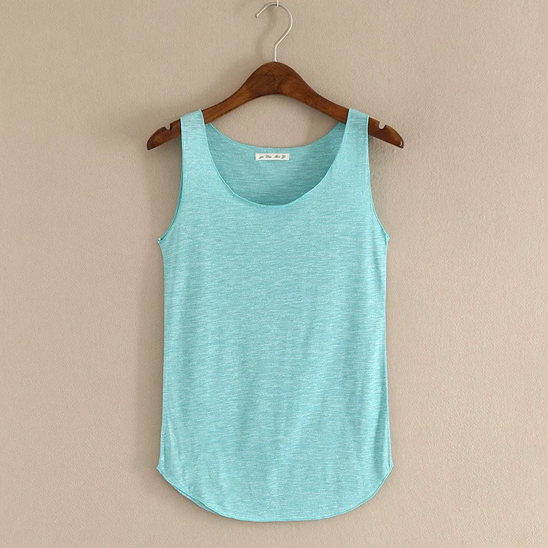 Women's Round Neck Cotton Blend Long Tank Top with Curved Hem