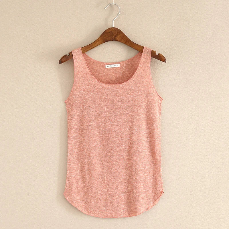 Women's Round Neck Cotton Blend Long Tank Top with Curved Hem