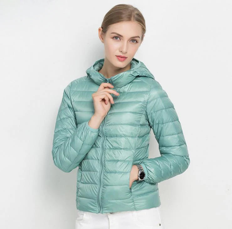 Women's Nylon Hooded Zip-Front Duck-Down Puffer Jacket for Casual Winter Layered Outfits
