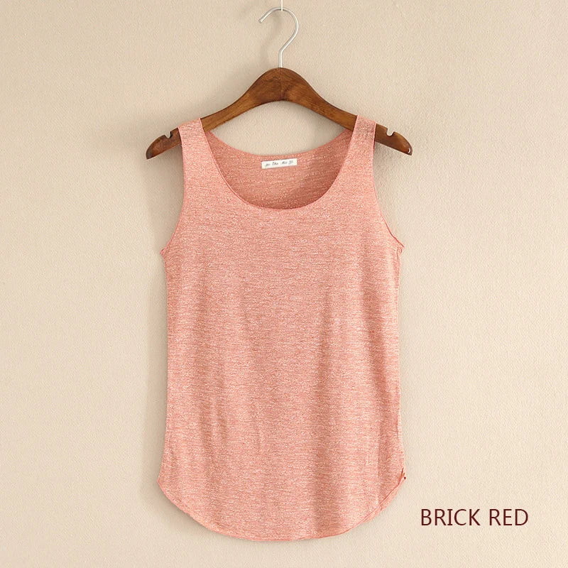 Women's Round Neck Cotton Blend Long Tank Top with Curved Hem
