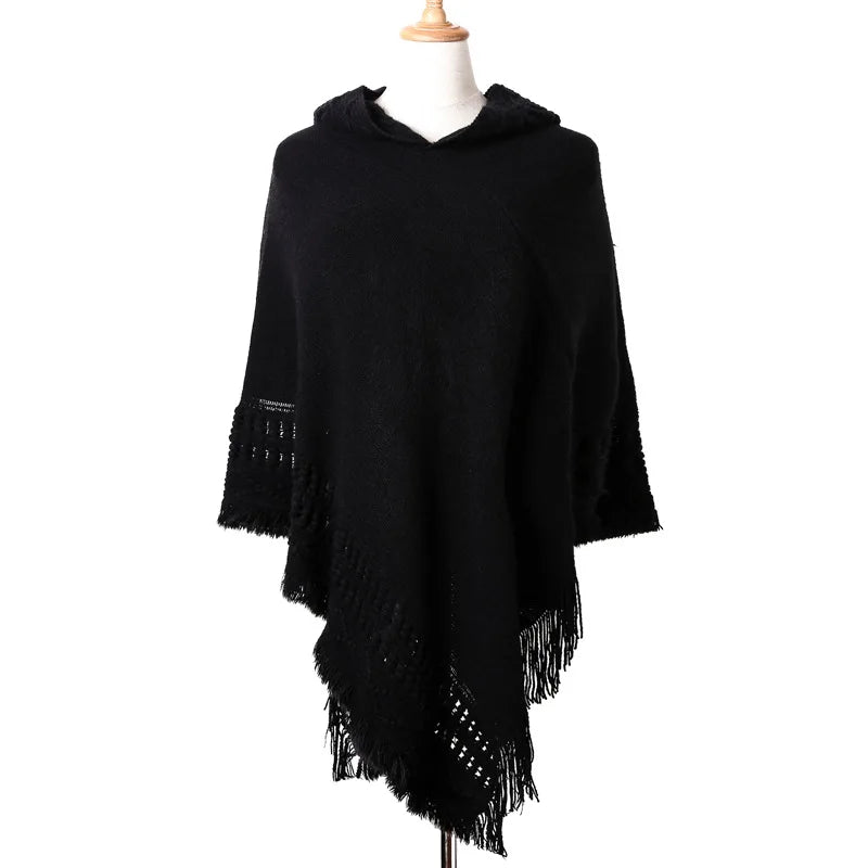 Hooded Knit Fringe Poncho for Layering over Outfits