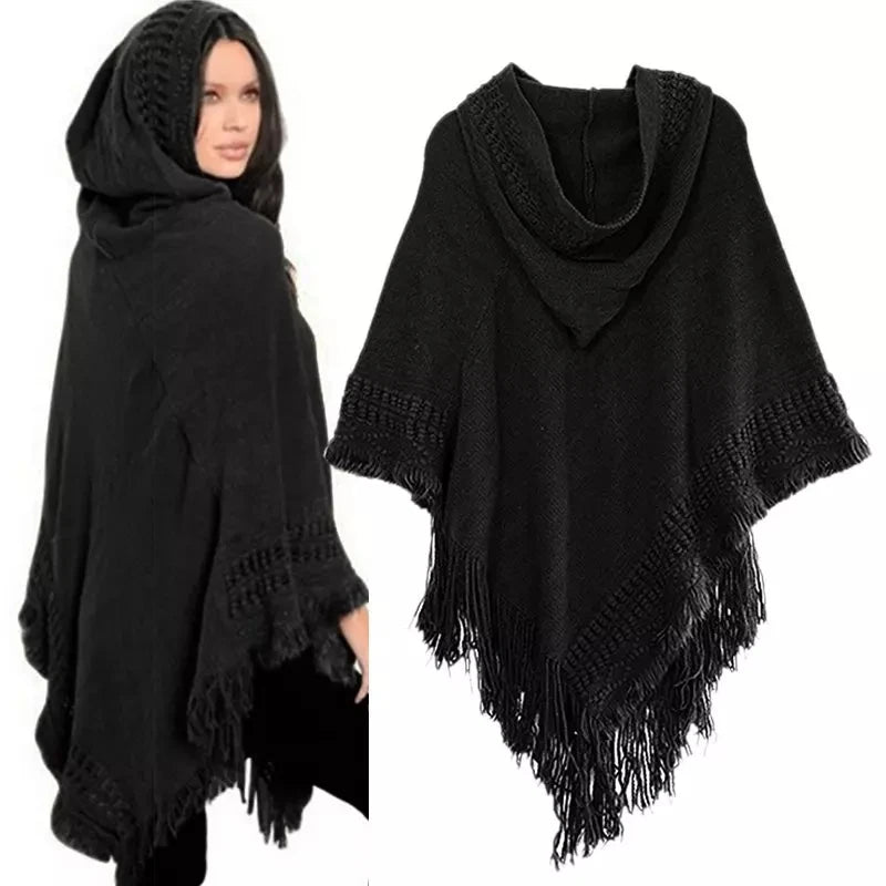 Hooded Knit Fringe Poncho for Layering over Outfits