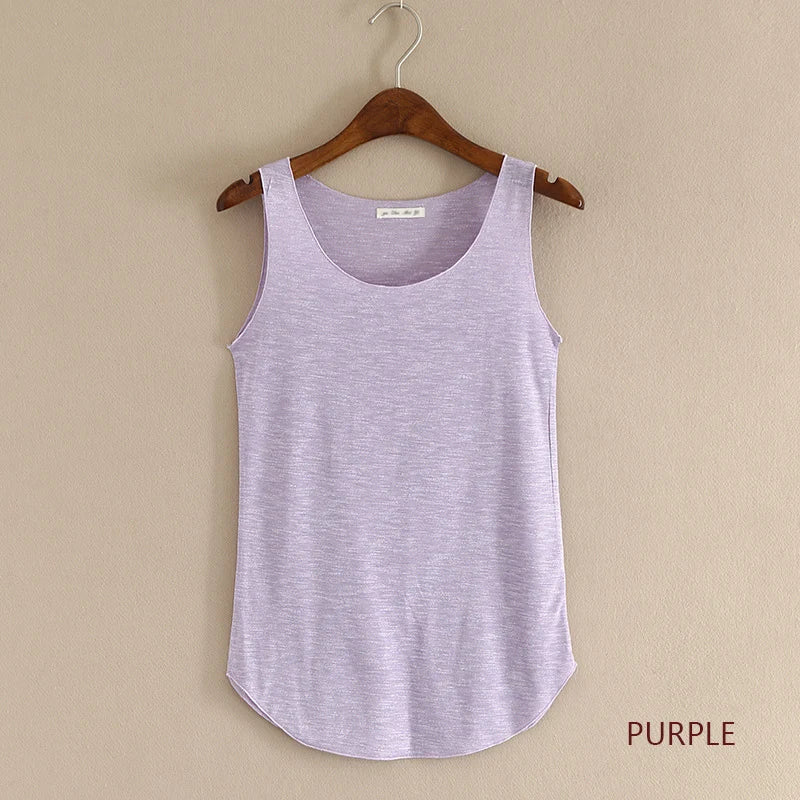 Women's Round Neck Cotton Blend Long Tank Top with Curved Hem