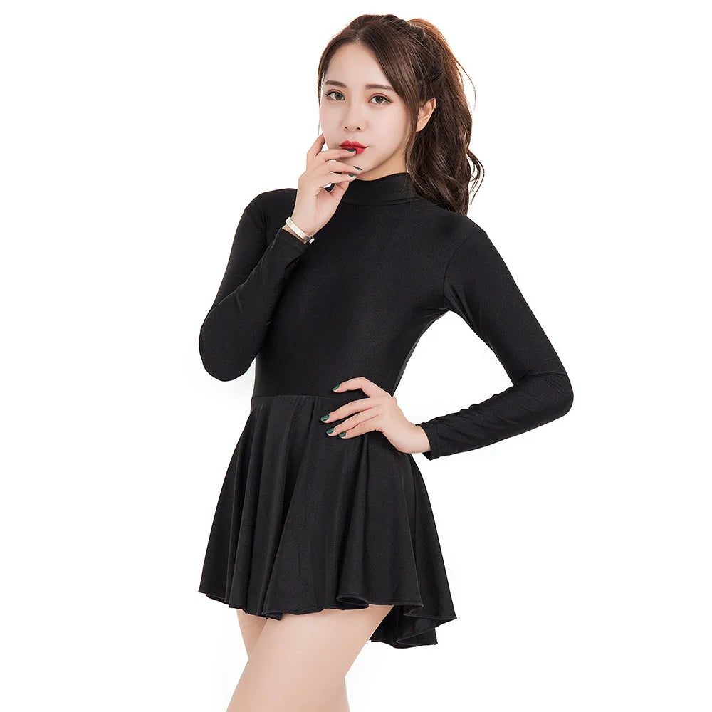 Women's Long Sleeve Skirted Ballet Leotard with Round Neck and Back Zipper