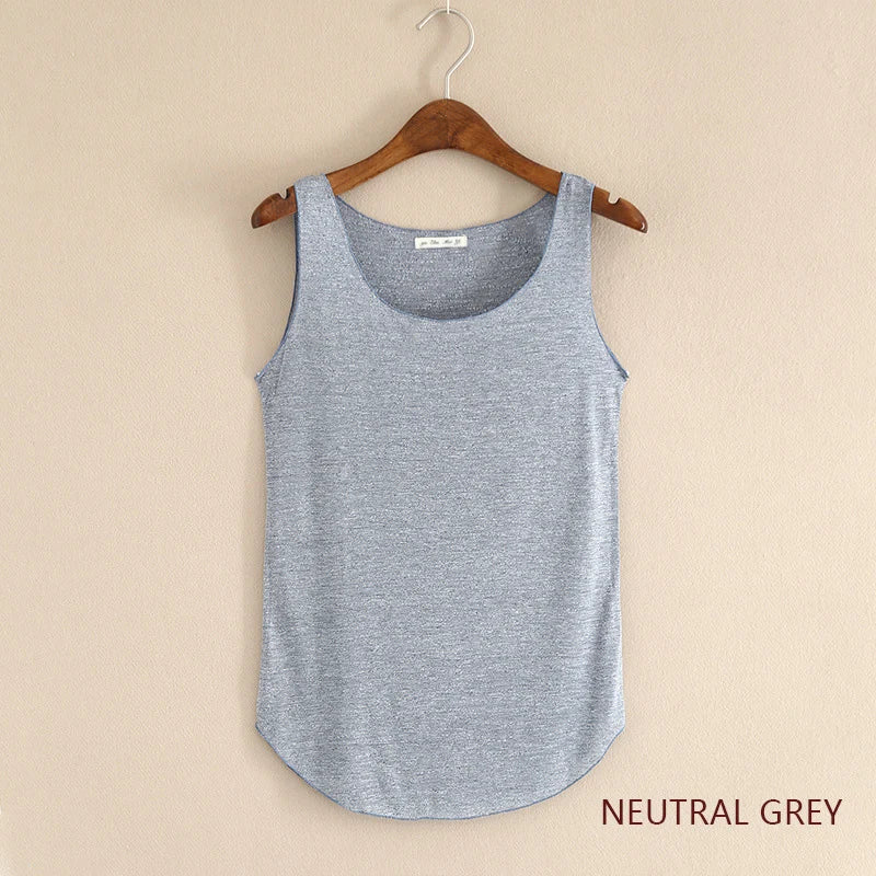 Women's Round Neck Cotton Blend Long Tank Top with Curved Hem
