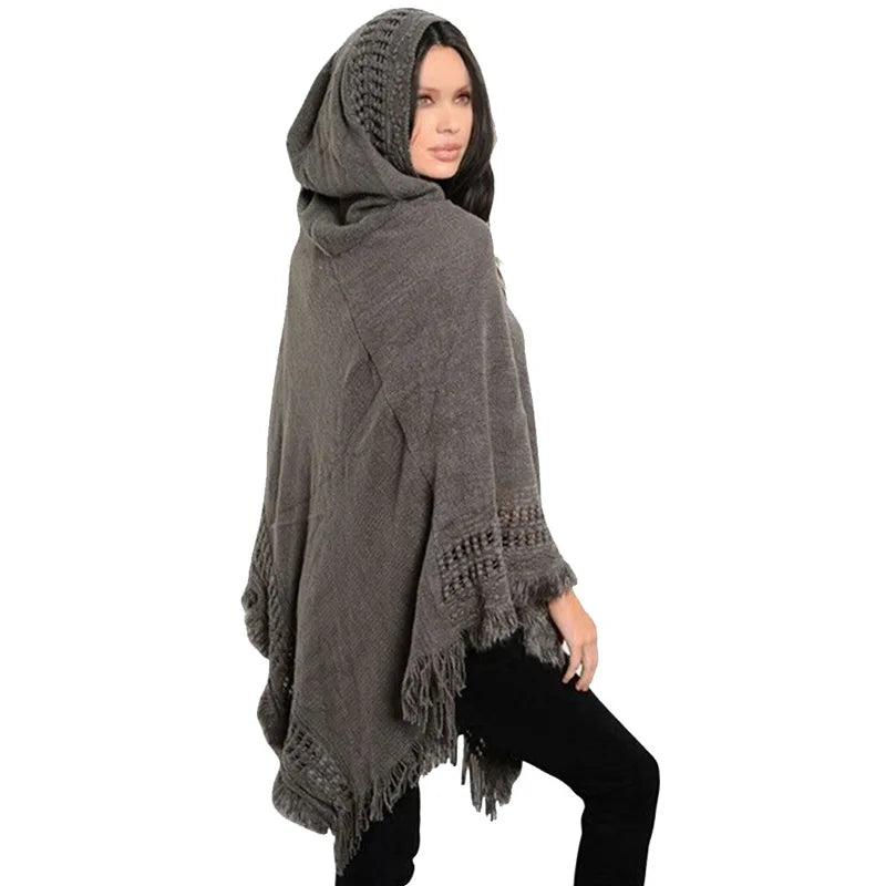 Hooded Knit Fringe Poncho for Layering over Outfits