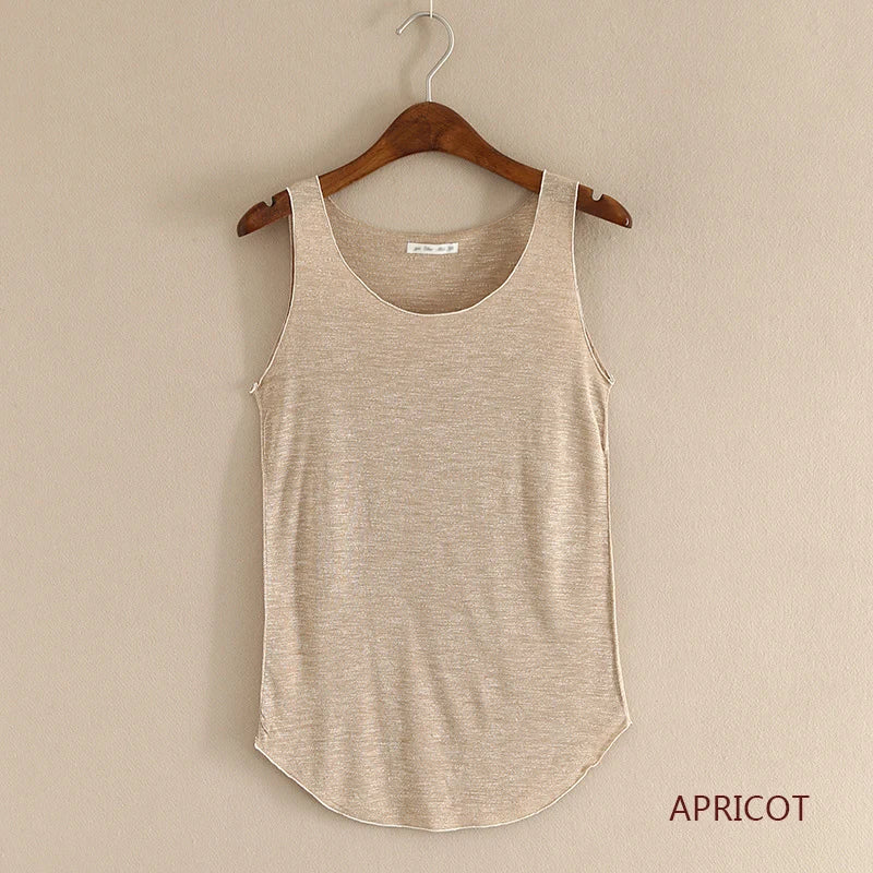 Women's Round Neck Cotton Blend Long Tank Top with Curved Hem