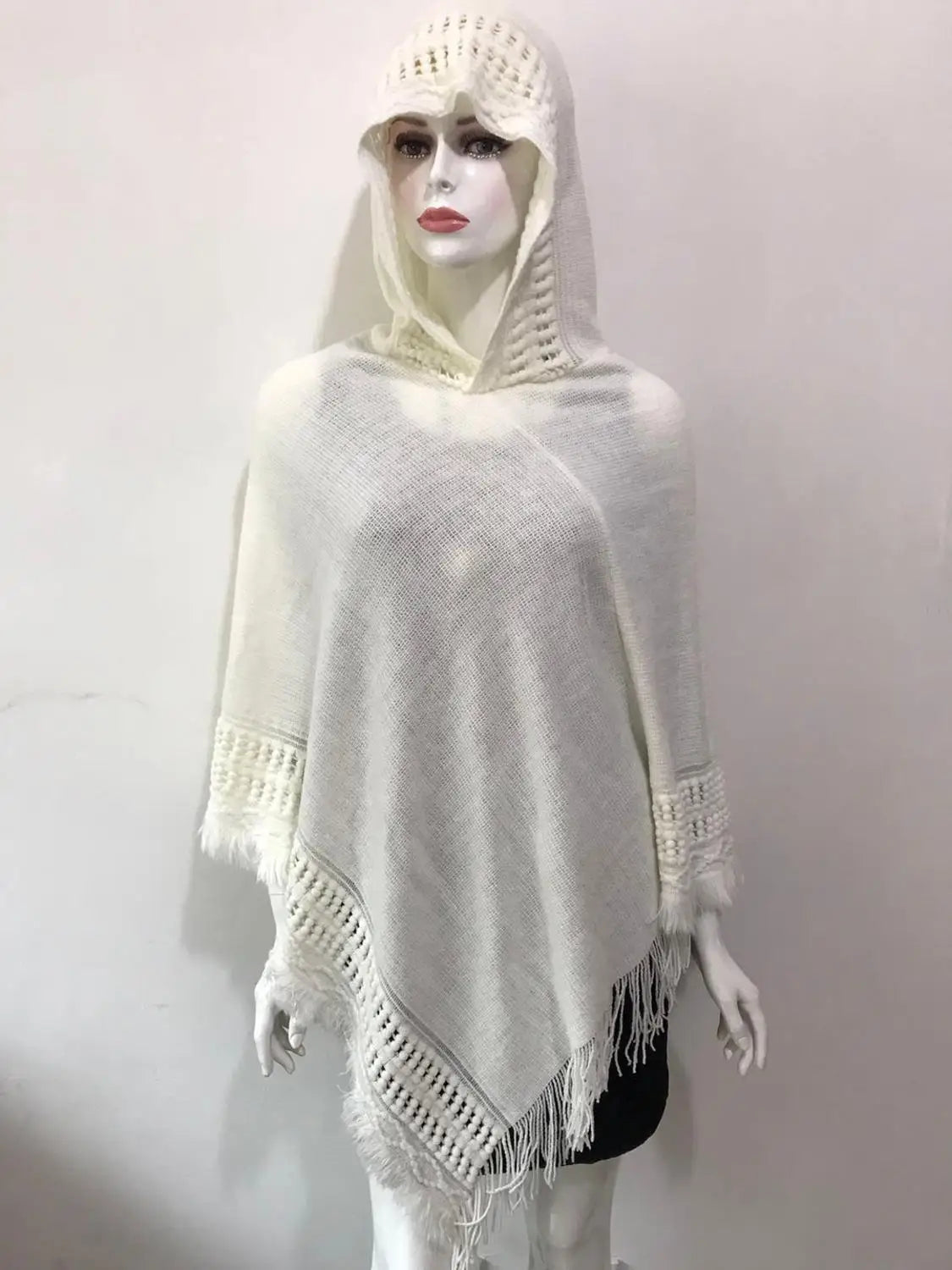 Hooded Knit Fringe Poncho for Layering over Outfits