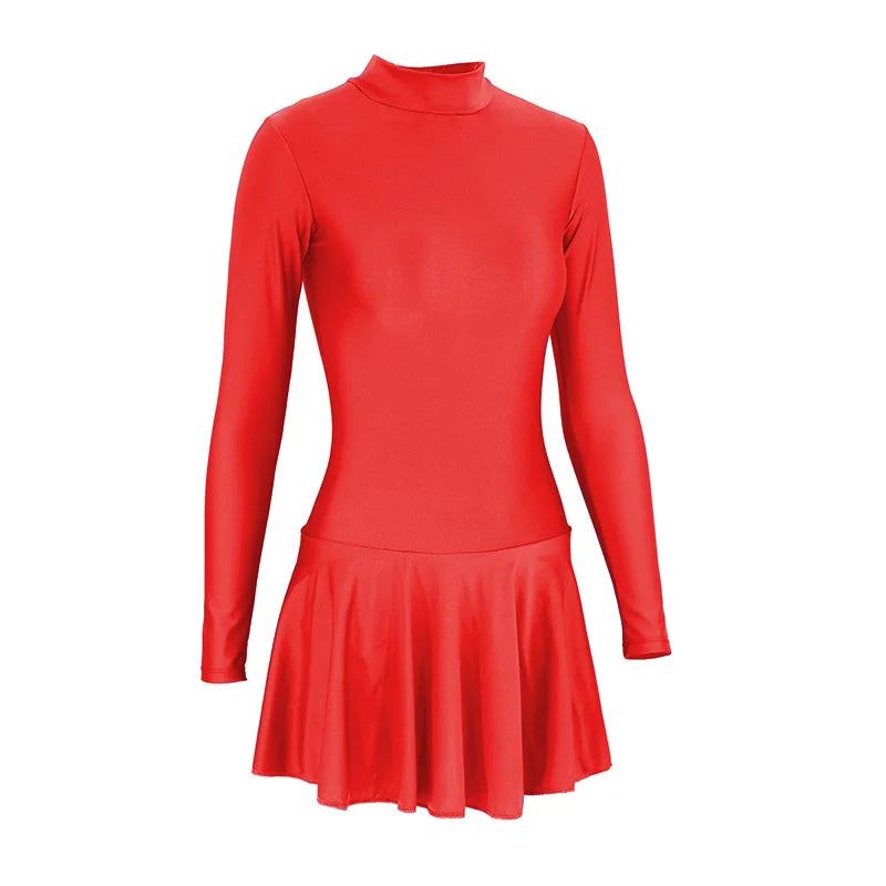 Women's Long Sleeve Skirted Ballet Leotard with Round Neck and Back Zipper