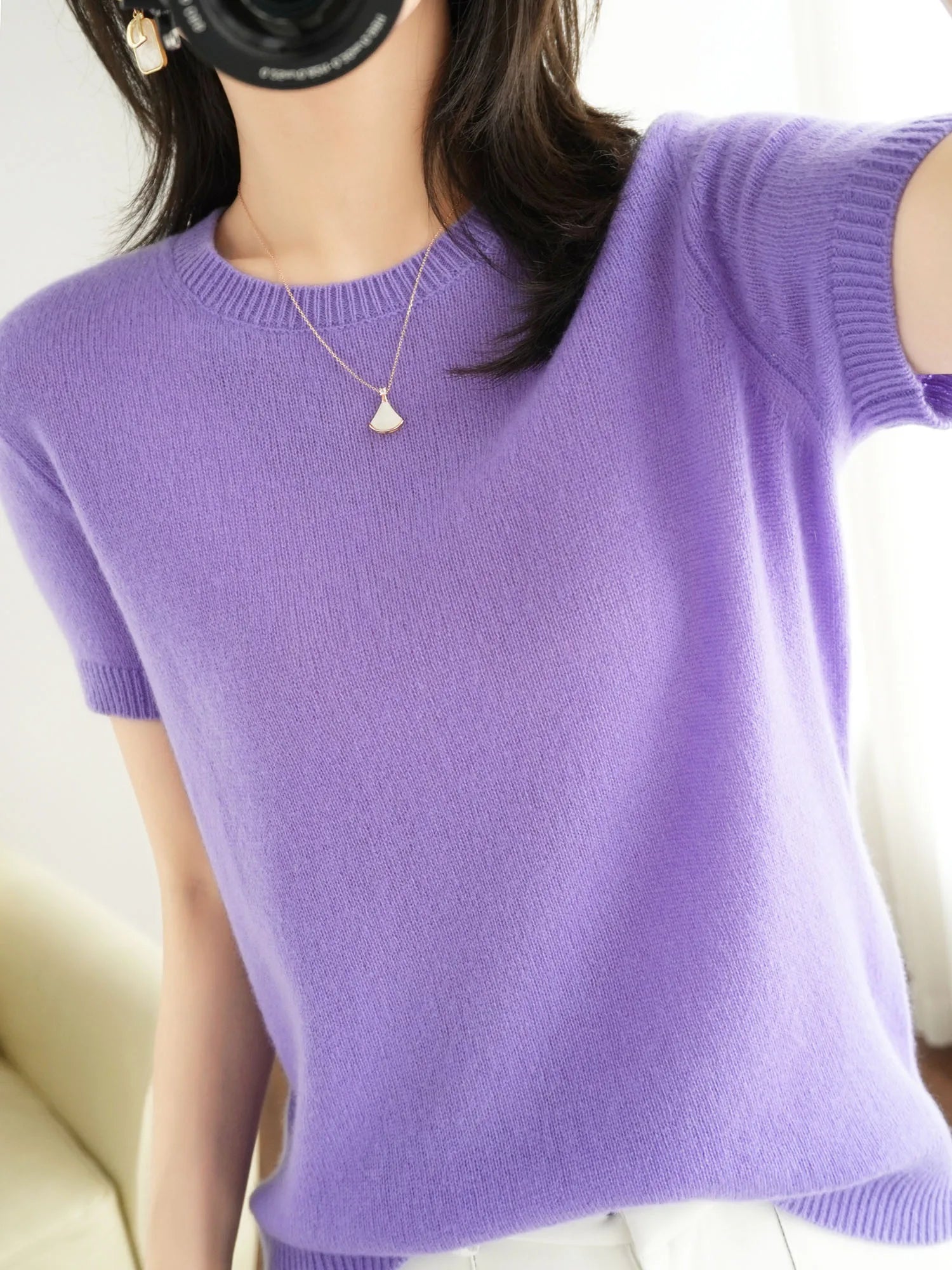 Women's Crew Neck Short Sleeve Sweater Casual Knit Layer