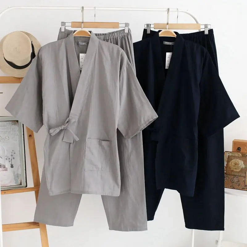 Men's Kimono Style Tie Front Top and Pants Pajama Set